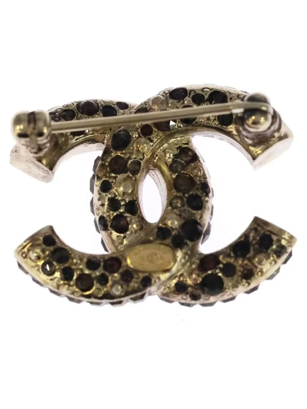 Chanel Mark Rhinestone Brooch Pin Badge Gold